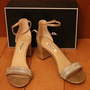 Nina Elenora Metallic Taupe Reflective Rhinestone Block Heel Ankle Strap Shoes